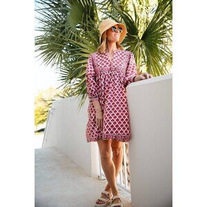 Becasa Relaxed Fit Mini Dress Rosewood Pink Floral Size XS/S Swiss Dot